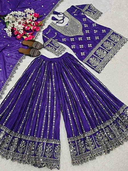 imperial Purple Chinnon Silk Sharara Suit with Sequin Embroidery Ready to Wear for Bulk Buyers Ready To Wear Collection