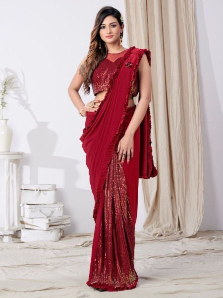 Imported Lycra Sequence Work Ready To Wear Saree Collection  
