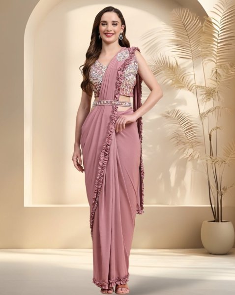 Imported Pink Party Wear Embroidery Work Readymade Saree Ready To Wear Saree 