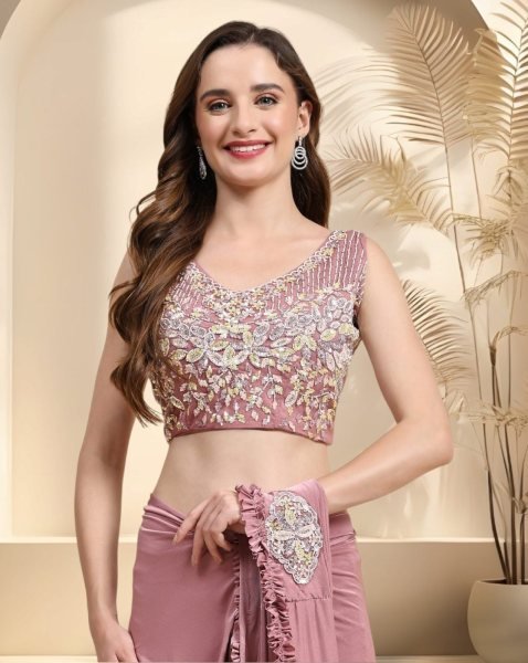 Imported Pink Party Wear Embroidery Work Readymade Saree Ready To Wear Saree 