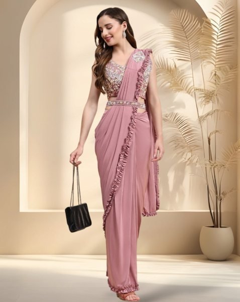 Imported Pink Party Wear Embroidery Work Readymade Saree Ready To Wear Saree 