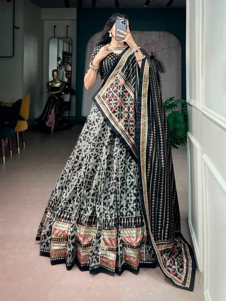Impressive Black Designer Tasar Silk Navratri Lehenga Choli with Sparkle Lace Work Designer Lehenga Choli