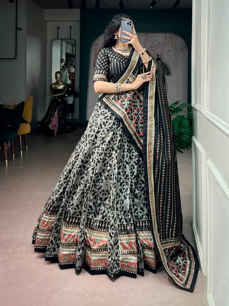Impressive Black Designer Tasar Silk Navratri Lehenga Choli with Sparkle Lace Work Designer Lehenga Choli