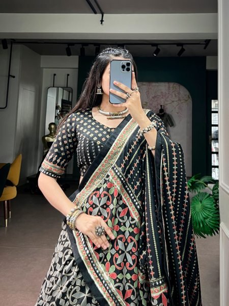Impressive Black Designer Tasar Silk Navratri Lehenga Choli with Sparkle Lace Work Designer Lehenga Choli