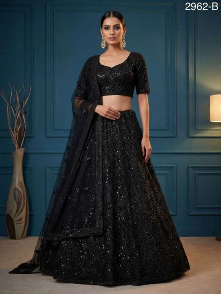 Impressive Black Net Lehenga Choli With Embroidery And Diamond Work For Bridal Collection 