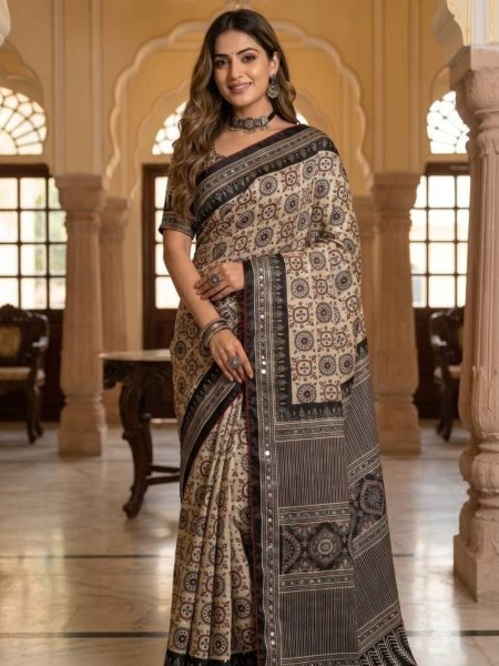 Impressive Cream Black Ajrakh Print Roman Silk Saree with Mirror Work for Festive Wear  Sarees 
