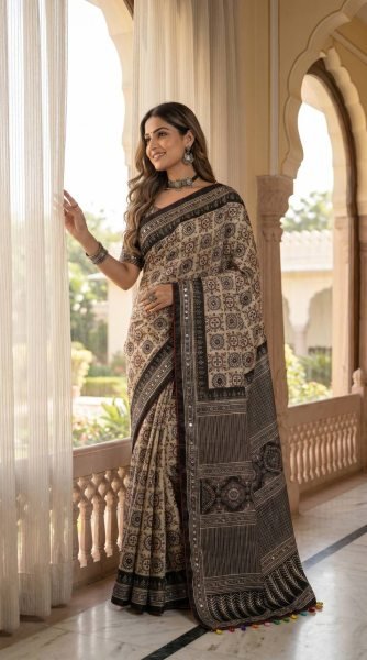 Impressive Cream Black Ajrakh Print Roman Silk Saree with Mirror Work for Festive Wear  Silk Sarees Wholesale