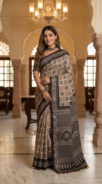 Impressive Cream Black Ajrakh Print Roman Silk Saree with Mirror Work for Festive Wear  Silk Sarees Wholesale