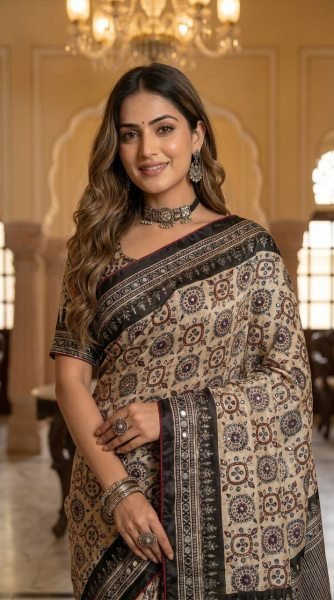 Impressive Cream Black Ajrakh Print Roman Silk Saree with Mirror Work for Festive Wear  Silk Sarees Wholesale