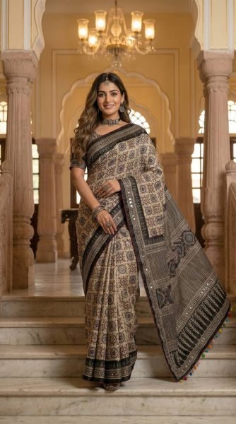 Impressive Cream Black Ajrakh Print Roman Silk Saree with Mirror Work for Festive Wear  Silk Sarees Wholesale