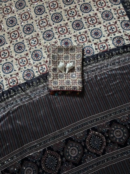 Impressive Cream Black Ajrakh Print Roman Silk Saree with Mirror Work for Festive Wear  Silk Sarees Wholesale