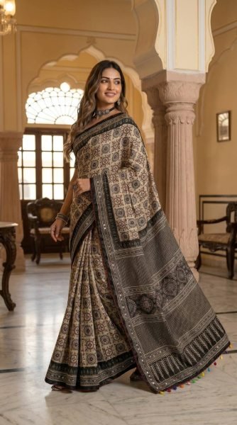 Impressive Cream Black Ajrakh Print Roman Silk Saree with Mirror Work for Festive Wear  Silk Sarees Wholesale