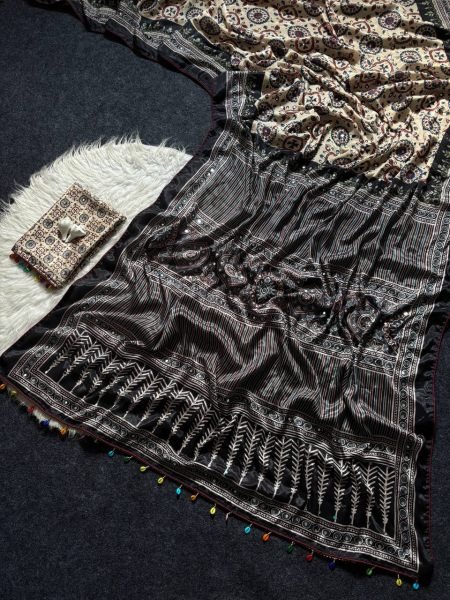 Impressive Cream Black Ajrakh Print Roman Silk Saree with Mirror Work for Festive Wear  Silk Sarees Wholesale