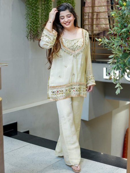 Impressive Cream Boutique Quality Crepe Kurti Pant Set with Designer Embroidery  