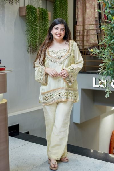 Impressive Cream Boutique Quality Crepe Kurti Pant Set with Designer Embroidery  CO ORD Sets