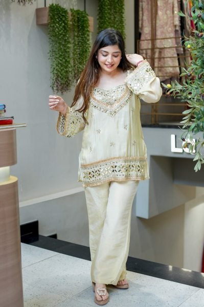 Impressive Cream Boutique Quality Crepe Kurti Pant Set with Designer Embroidery  CO ORD Sets