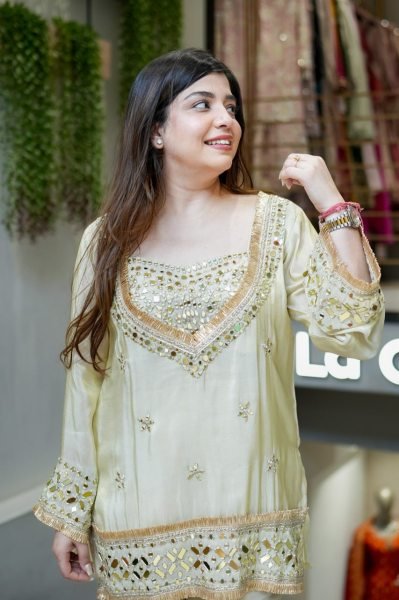 Impressive Cream Boutique Quality Crepe Kurti Pant Set with Designer Embroidery  CO ORD Sets