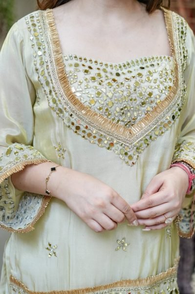 Impressive Cream Boutique Quality Crepe Kurti Pant Set with Designer Embroidery  CO ORD Sets