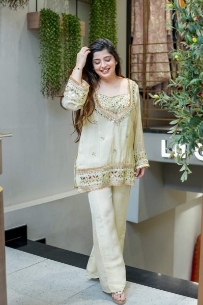 Impressive Cream Boutique Quality Crepe Kurti Pant Set with Designer Embroidery  CO ORD Sets