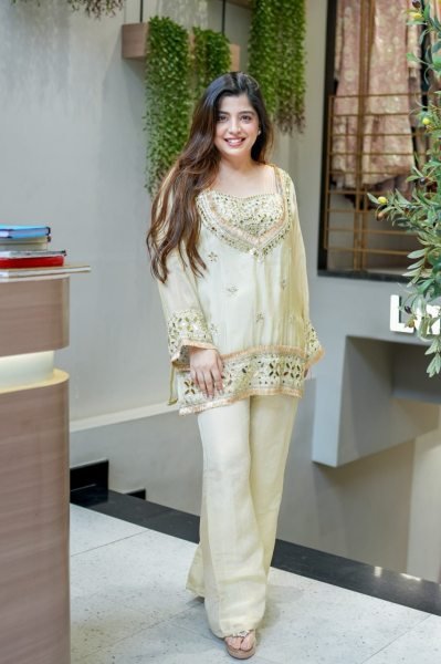 Impressive Cream Boutique Quality Crepe Kurti Pant Set with Designer Embroidery  CO ORD Sets