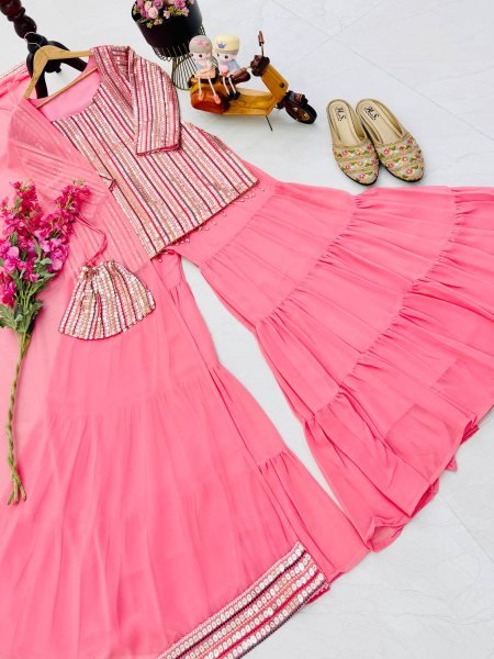 Impressive Fox Georgette Top Plazzo Suit with Embroidered Work Supplier   Ready To Wear Collection