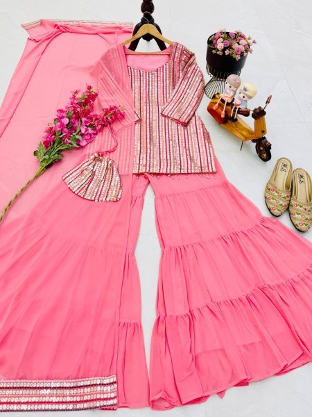 Impressive Fox Georgette Top Plazzo Suit with Embroidered Work Supplier   Ready To Wear Collection