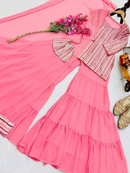 Impressive Fox Georgette Top Plazzo Suit with Embroidered Work Supplier   Ready To Wear Collection