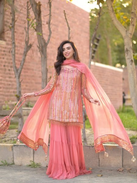 Impressive Fox Georgette Top Plazzo Suit with Embroidered Work Supplier   Ready To Wear Collection
