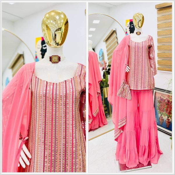 Impressive Fox Georgette Top Plazzo Suit with Embroidered Work Supplier   Ready To Wear Collection