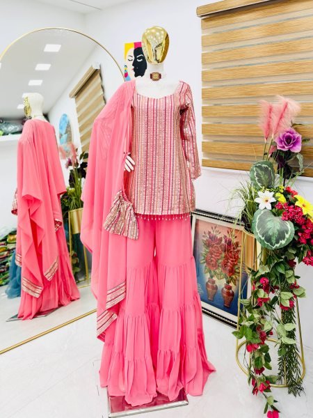 Impressive Fox Georgette Top Plazzo Suit with Embroidered Work Supplier   Ready To Wear Collection