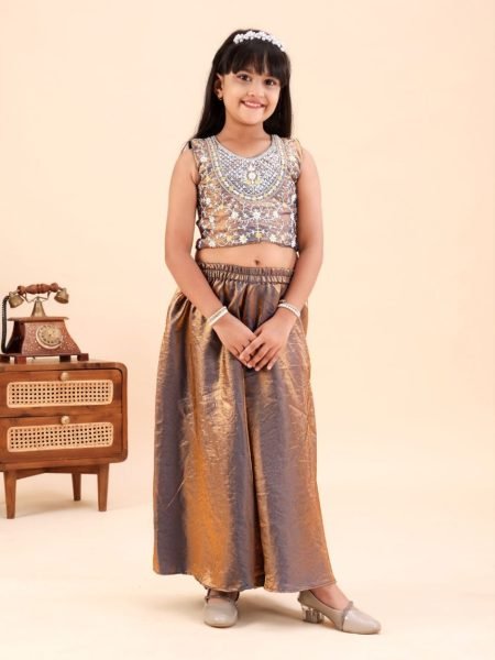 Impressive Golden Kids Girls Sindoor Mono Embroidered Top Palazzo Set 