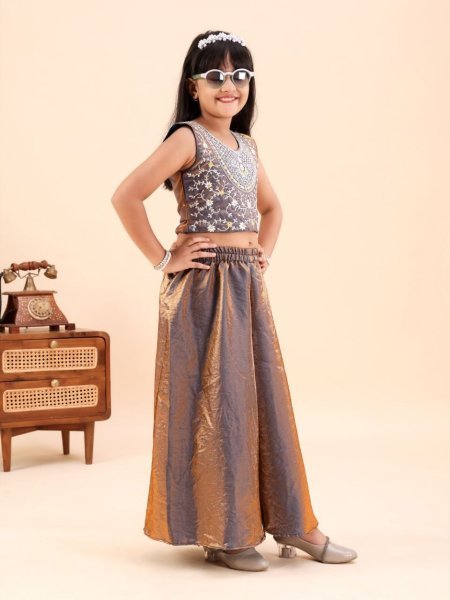 Impressive Golden Kids Girls Sindoor Mono Embroidered Top Palazzo Set Girls Wear