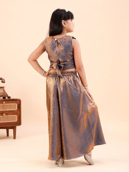 Impressive Golden Kids Girls Sindoor Mono Embroidered Top Palazzo Set Girls Wear