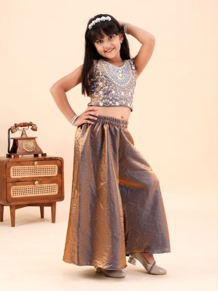 Impressive Golden Kids Girls Sindoor Mono Embroidered Top Palazzo Set Girls Wear