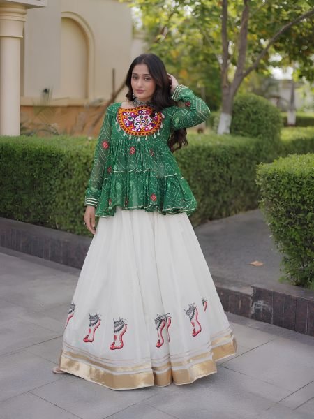 Impressive Green Kora Cotton Lehenga with Gota Lace and Bandhani Print Gamthi Top  Lehenga