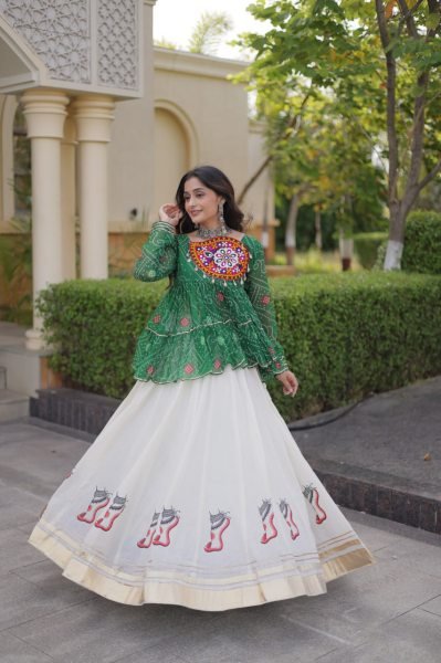 Impressive Green Kora Cotton Lehenga with Gota Lace and Bandhani Print Gamthi Top Navratri Lehnega Choli