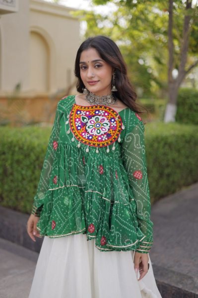 Impressive Green Kora Cotton Lehenga with Gota Lace and Bandhani Print Gamthi Top Navratri Lehnega Choli