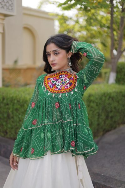 Impressive Green Kora Cotton Lehenga with Gota Lace and Bandhani Print Gamthi Top Navratri Lehnega Choli