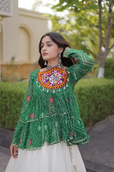 Impressive Green Kora Cotton Lehenga with Gota Lace and Bandhani Print Gamthi Top Navratri Lehnega Choli