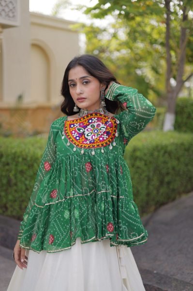 Impressive Green Kora Cotton Lehenga with Gota Lace and Bandhani Print Gamthi Top Navratri Lehnega Choli