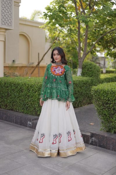 Impressive Green Kora Cotton Lehenga with Gota Lace and Bandhani Print Gamthi Top Navratri Lehnega Choli