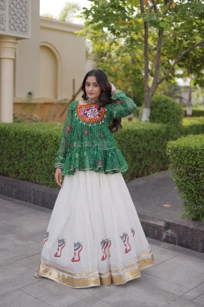 Impressive Green Kora Cotton Lehenga with Gota Lace and Bandhani Print Gamthi Top Navratri Lehnega Choli