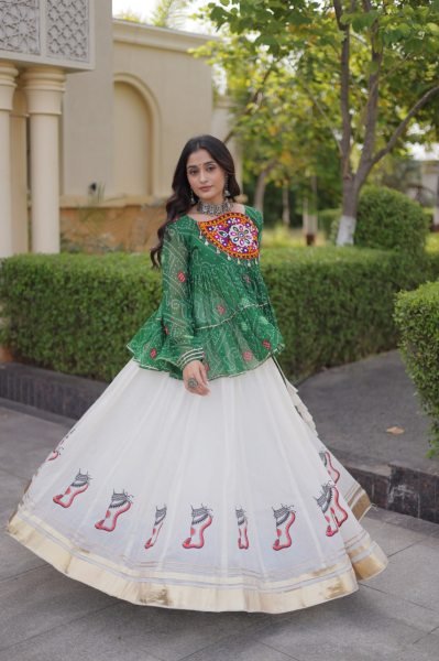 Impressive Green Kora Cotton Lehenga with Gota Lace and Bandhani Print Gamthi Top Navratri Lehnega Choli