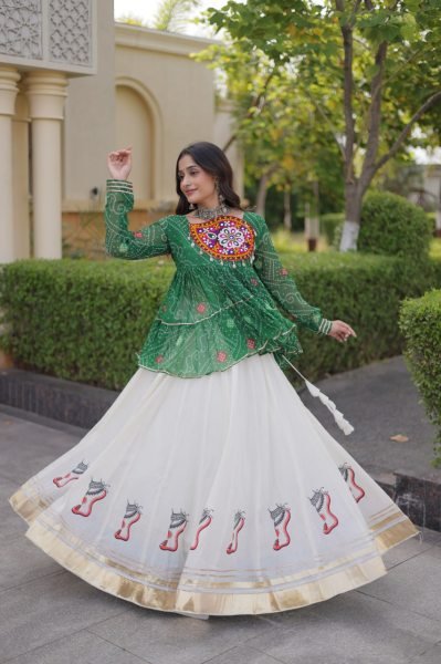 Impressive Green Kora Cotton Lehenga with Gota Lace and Bandhani Print Gamthi Top Navratri Lehnega Choli