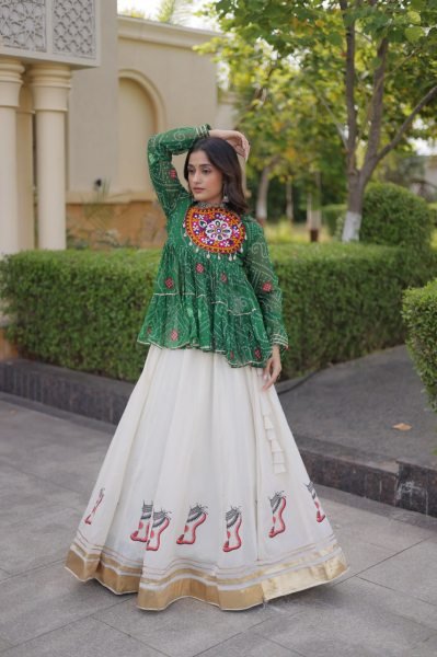 Impressive Green Kora Cotton Lehenga with Gota Lace and Bandhani Print Gamthi Top Navratri Lehnega Choli