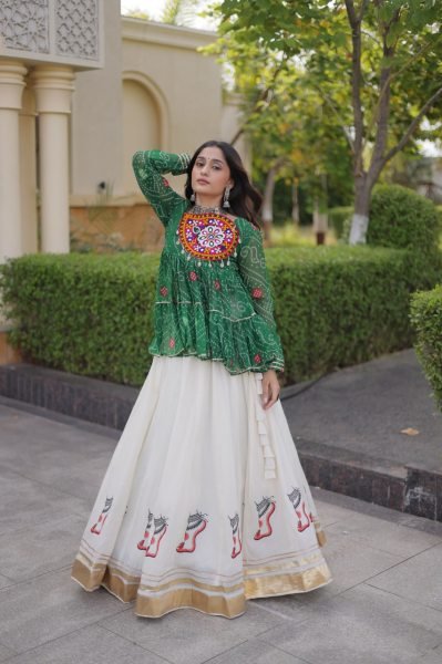 Impressive Green Kora Cotton Lehenga with Gota Lace and Bandhani Print Gamthi Top Navratri Lehnega Choli