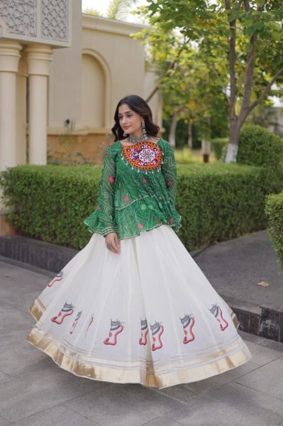 Impressive Green Kora Cotton Lehenga with Gota Lace and Bandhani Print Gamthi Top Navratri Lehnega Choli