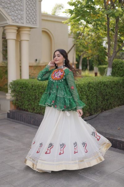 Impressive Green Kora Cotton Lehenga with Gota Lace and Bandhani Print Gamthi Top Navratri Lehnega Choli