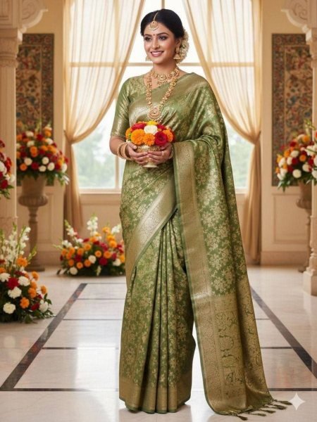 Impressive Green Premium Women s Mercerised Silk Saree with Designer Contrast Pallu Sarees 
