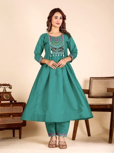 Impressive Green Roman Fabric Top Pant Set with Mirror Work for Festive Wear Kurtis
